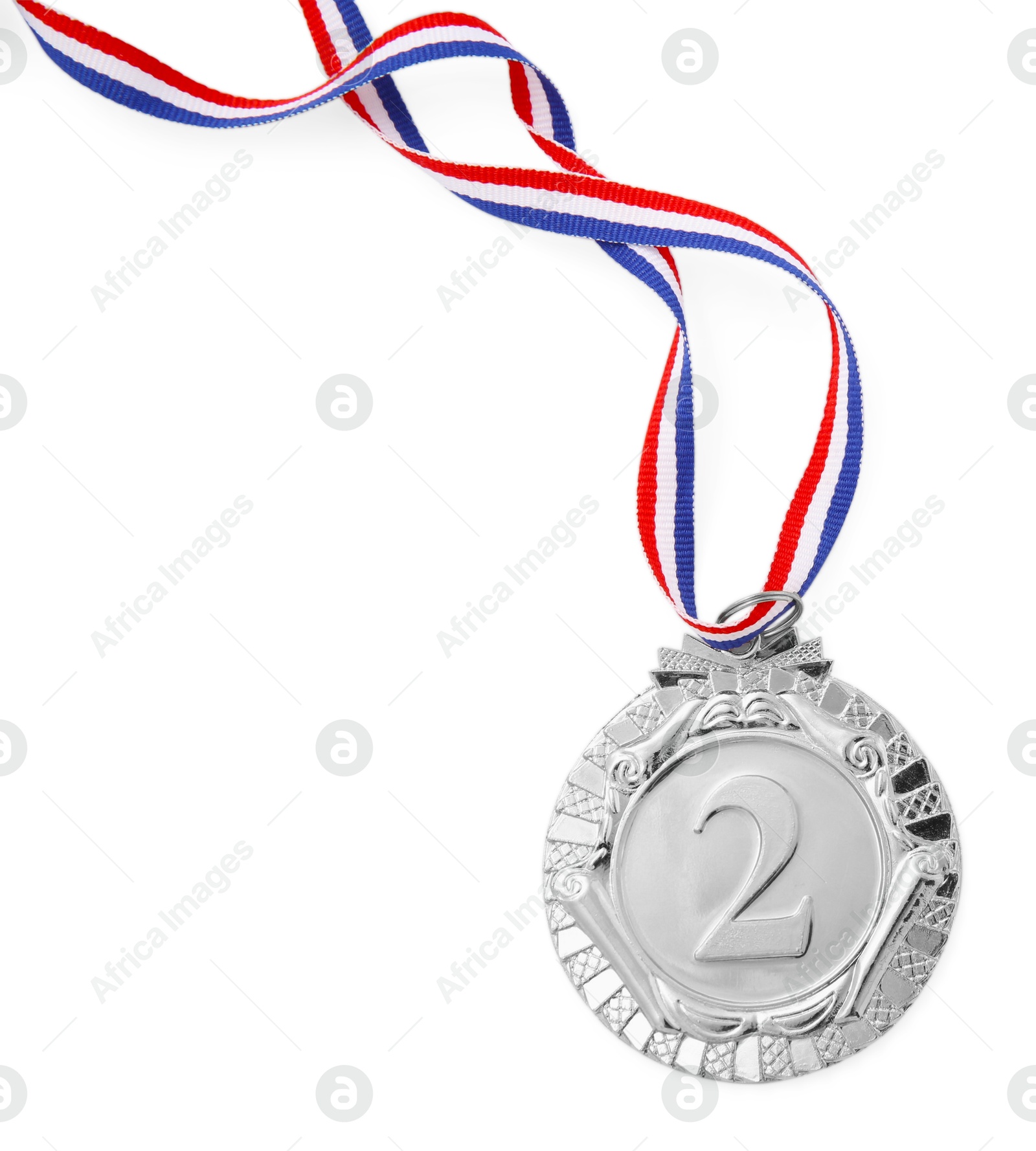 Photo of One silver medal isolated on white, top view