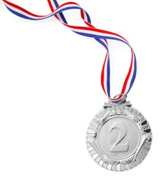 Photo of One silver medal isolated on white, top view