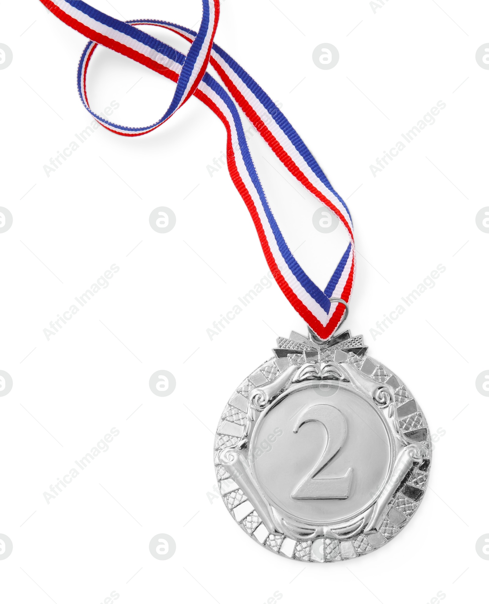 Photo of One silver medal isolated on white, top view