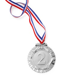 Photo of One silver medal isolated on white, top view