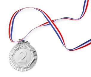 Photo of One silver medal isolated on white, top view