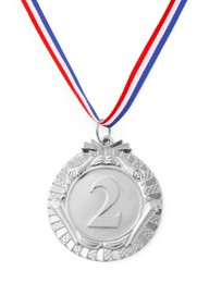 Photo of One silver medal isolated on white, top view