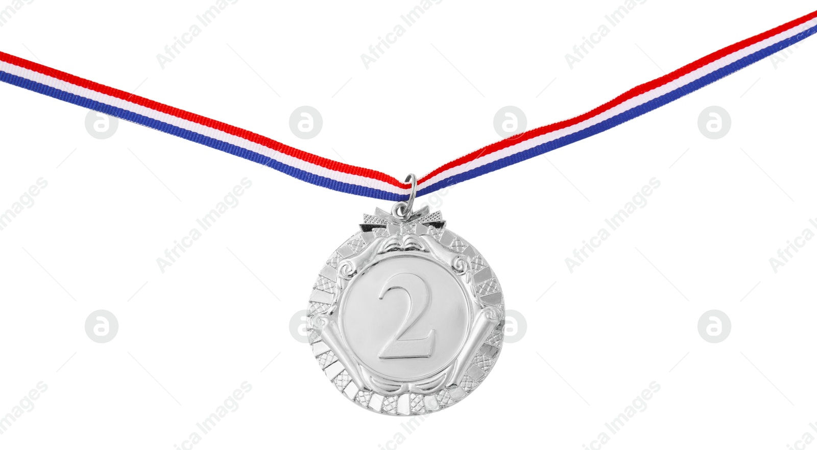 Photo of One silver medal isolated on white, top view