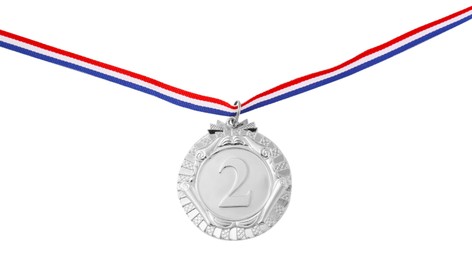 Photo of One silver medal isolated on white, top view