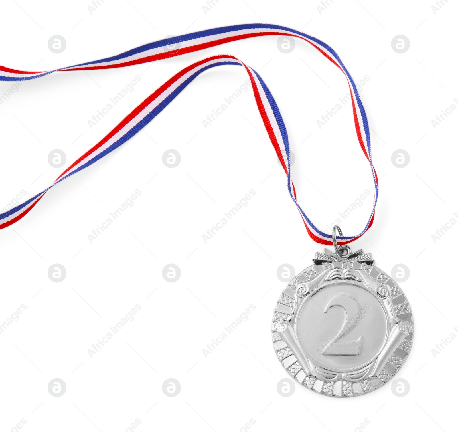 Photo of One silver medal isolated on white, top view