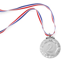 Photo of One silver medal isolated on white, top view