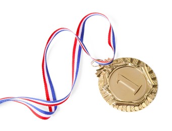 Photo of One golden medal with ribbon isolated on white