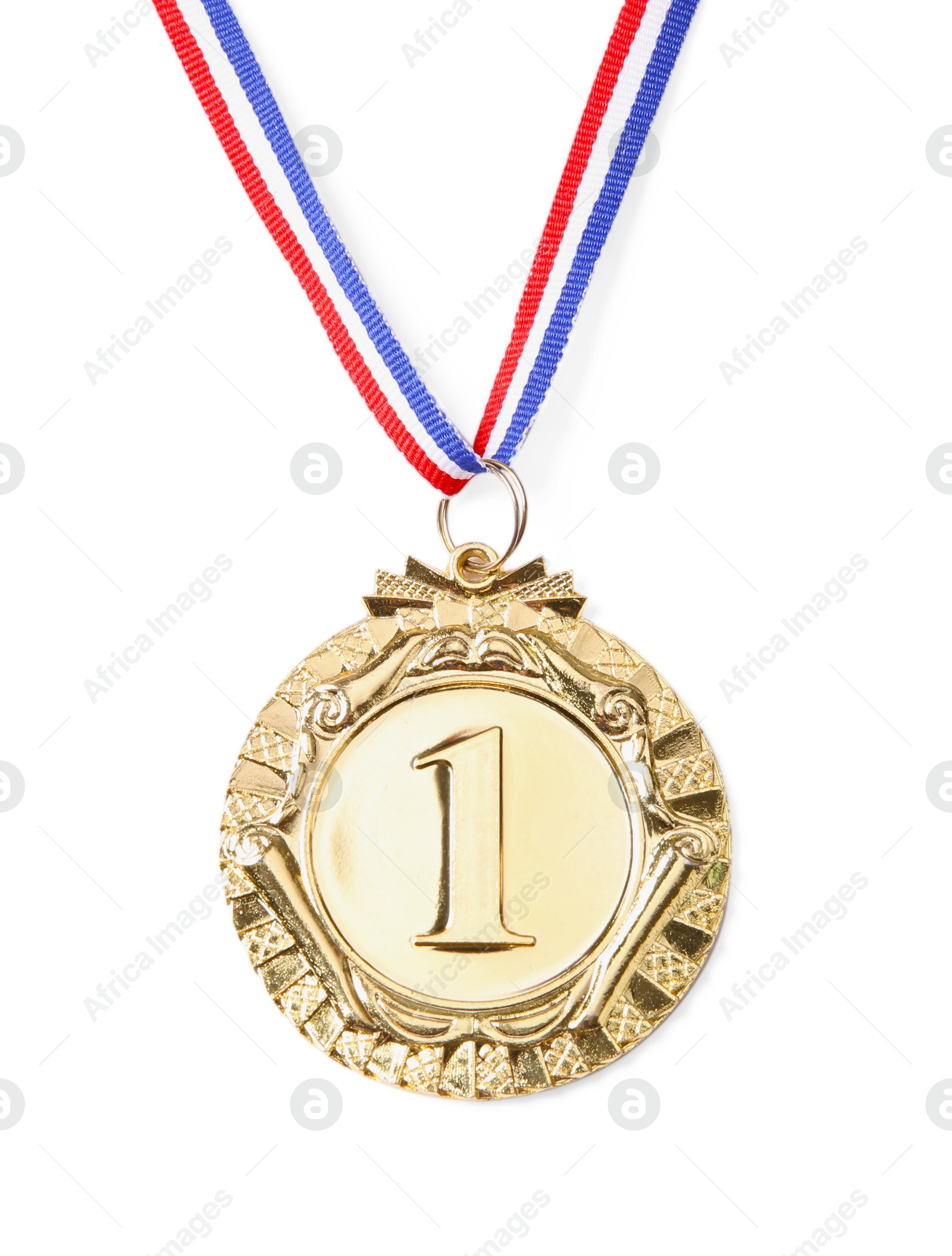 Photo of One golden medal isolated on white, top view