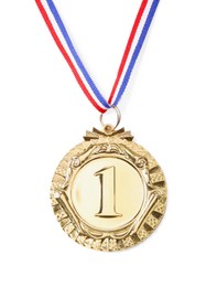 Photo of One golden medal isolated on white, top view