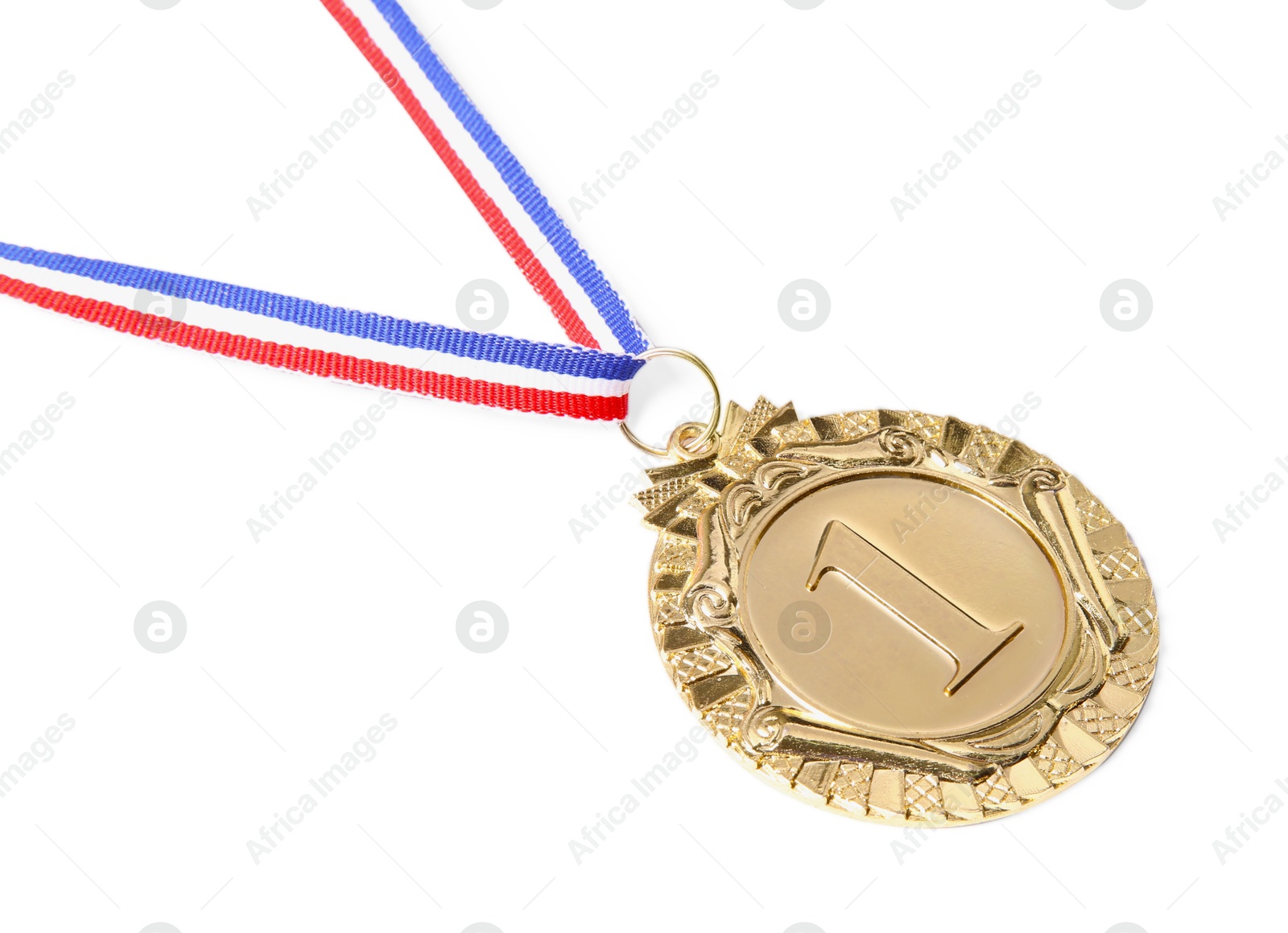 Photo of One golden medal with ribbon isolated on white