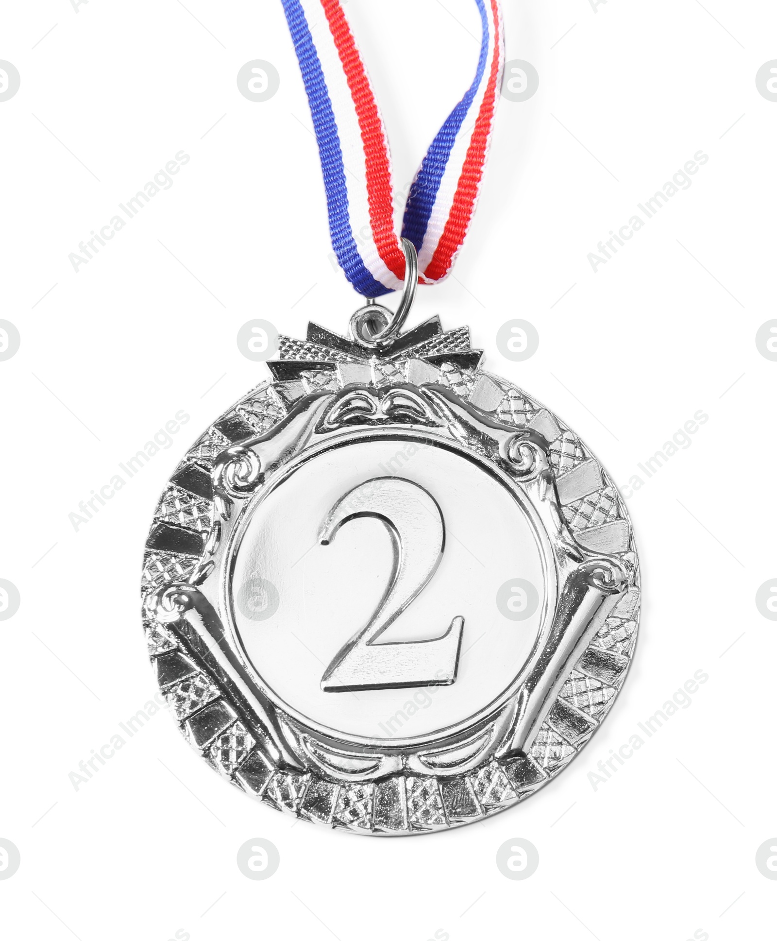 Photo of One silver medal isolated on white, top view