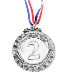 Photo of One silver medal isolated on white, top view