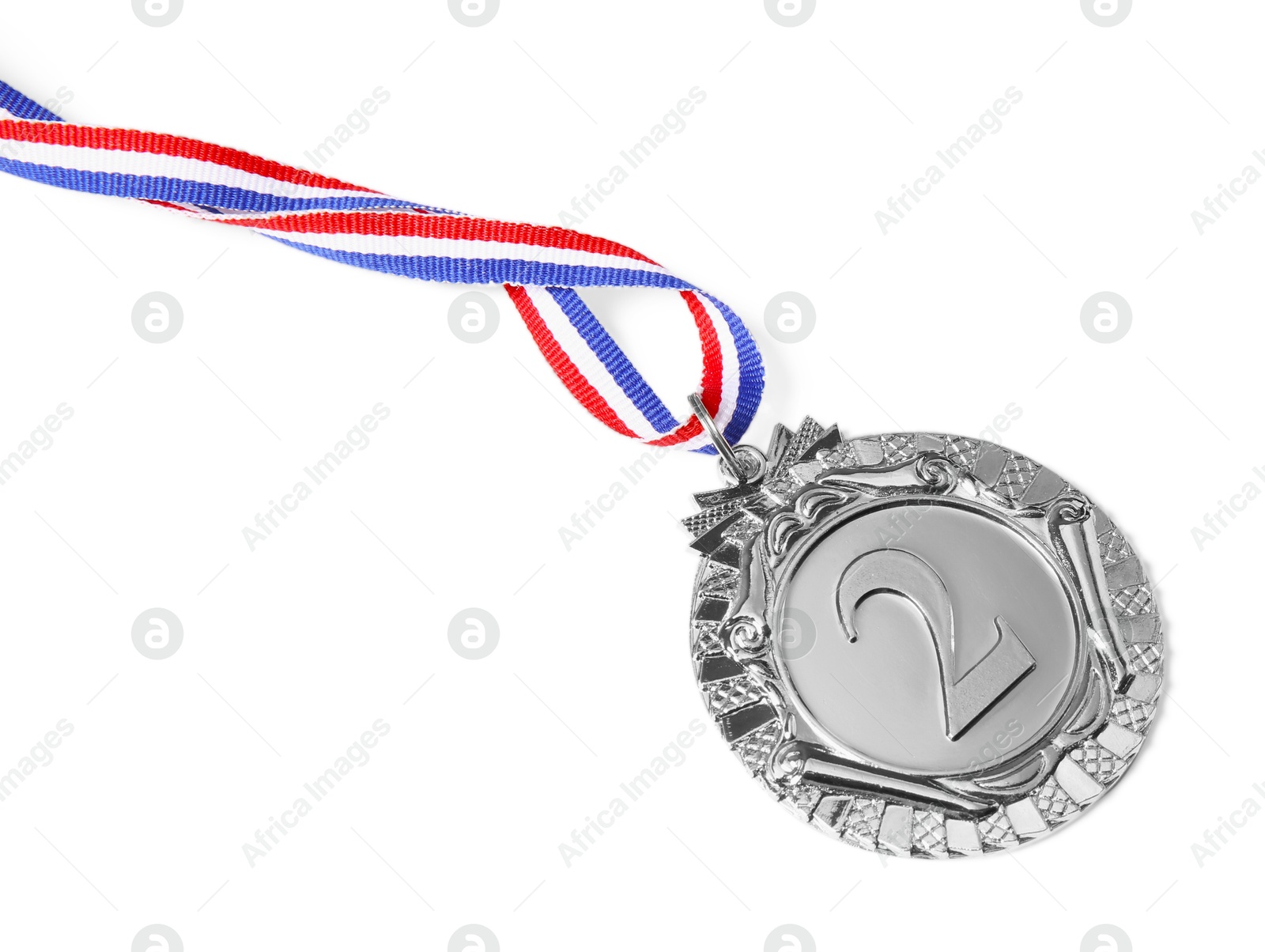 Photo of One silver medal isolated on white, above view