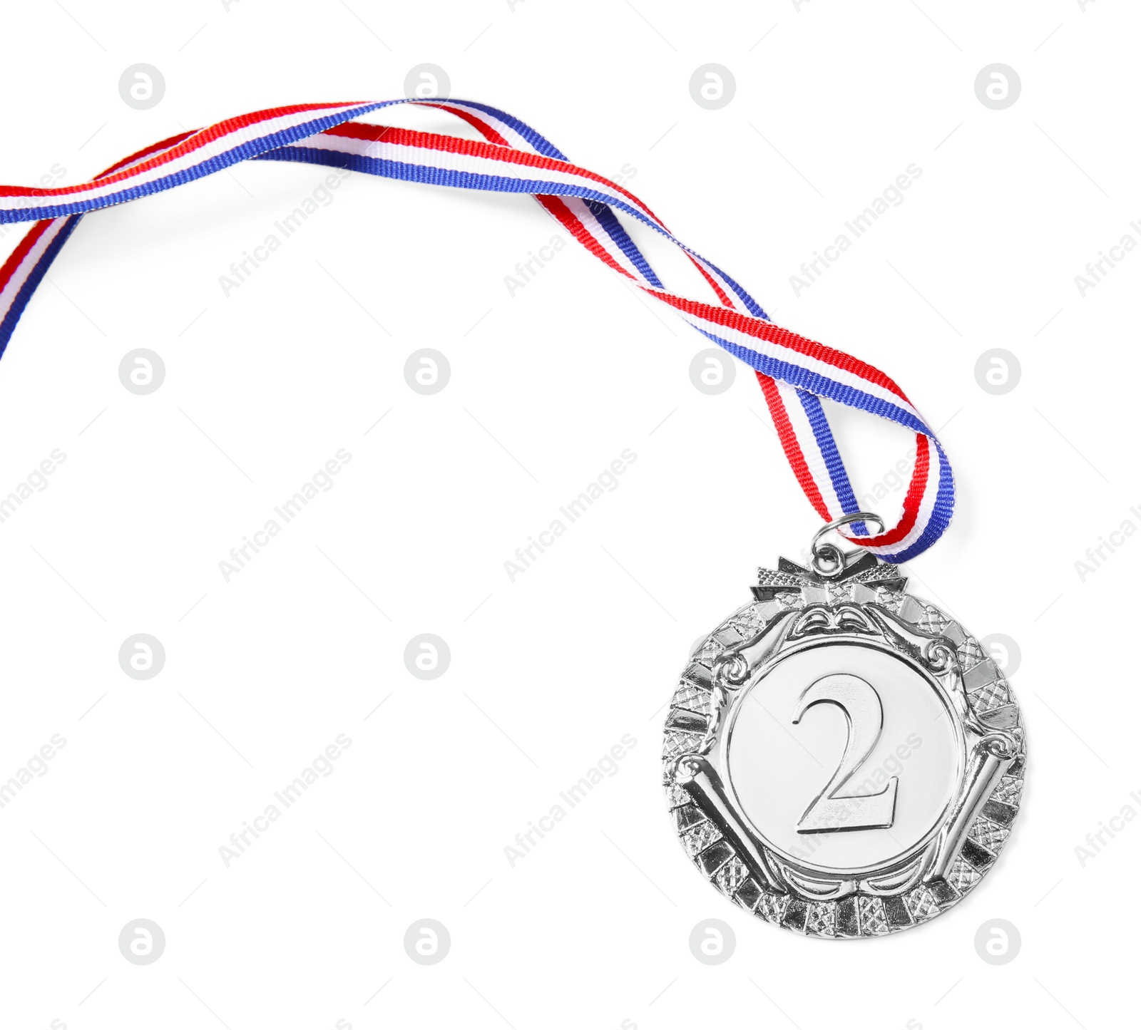 Photo of One silver medal isolated on white, top view