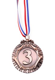 Photo of One bronze medal isolated on white, top view