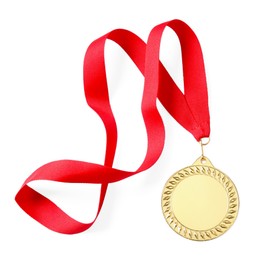 Photo of One golden medal isolated on white, top view