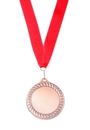 Photo of One bronze medal isolated on white, top view