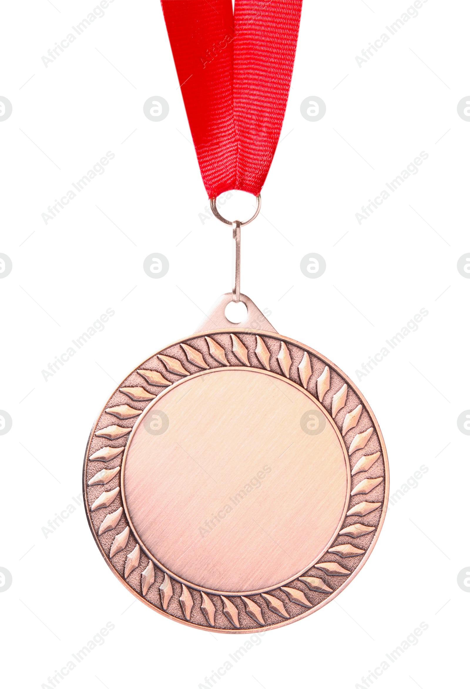 Photo of One bronze medal with ribbon isolated on white