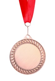 Photo of One bronze medal with ribbon isolated on white