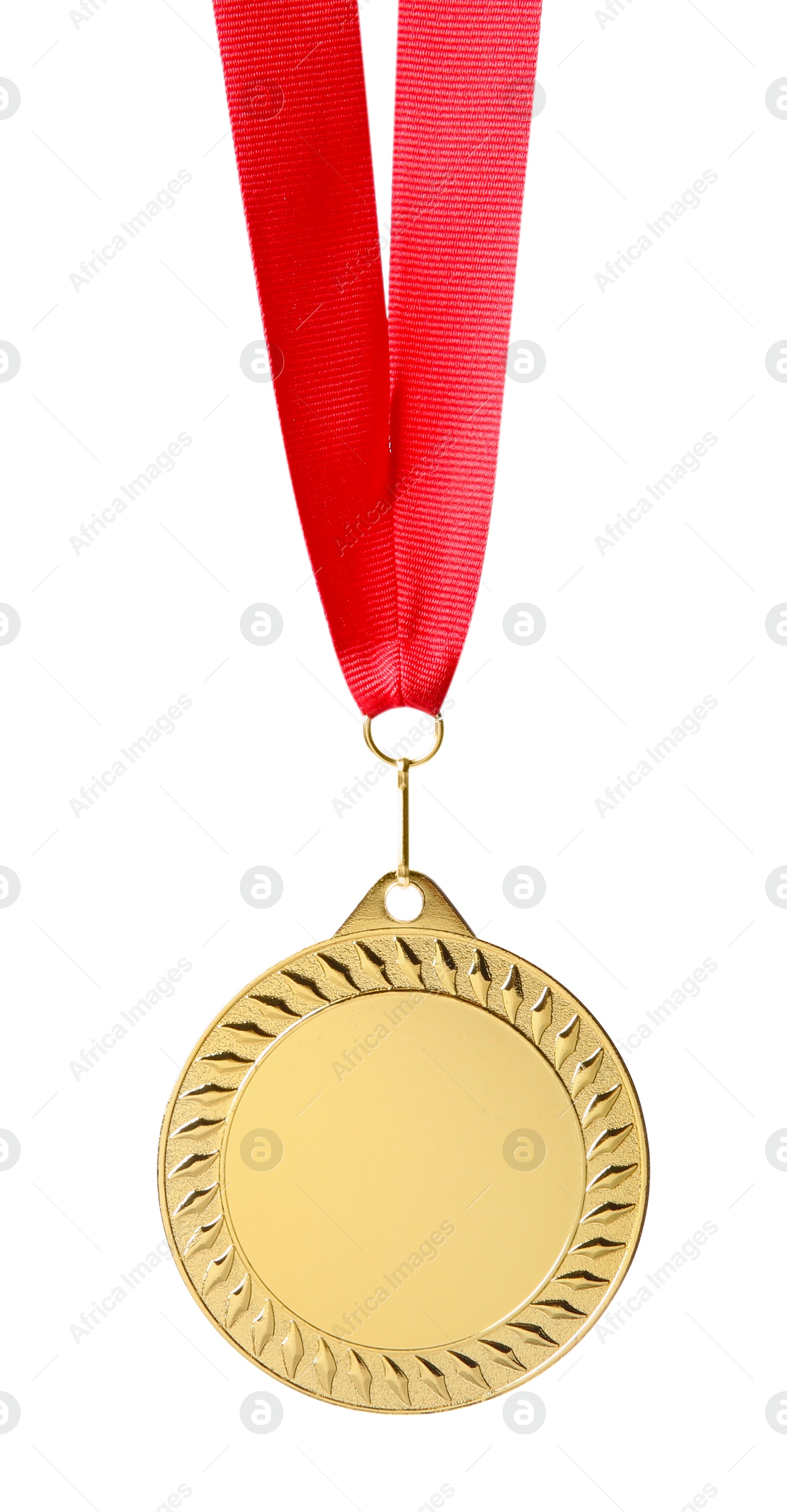 Photo of One golden medal with ribbon isolated on white