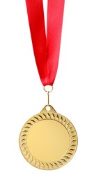 Photo of One golden medal with ribbon isolated on white