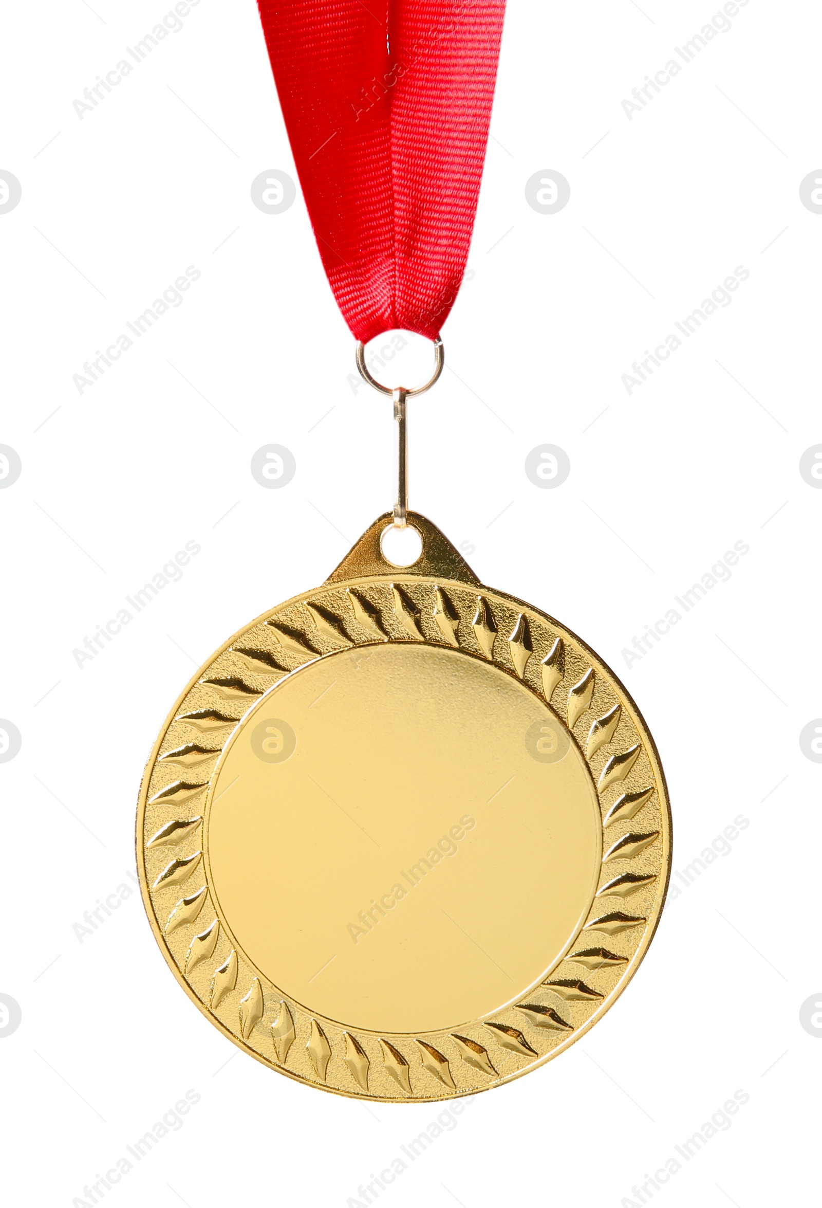 Photo of One golden medal with ribbon isolated on white