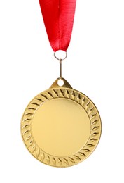 Photo of One golden medal with ribbon isolated on white