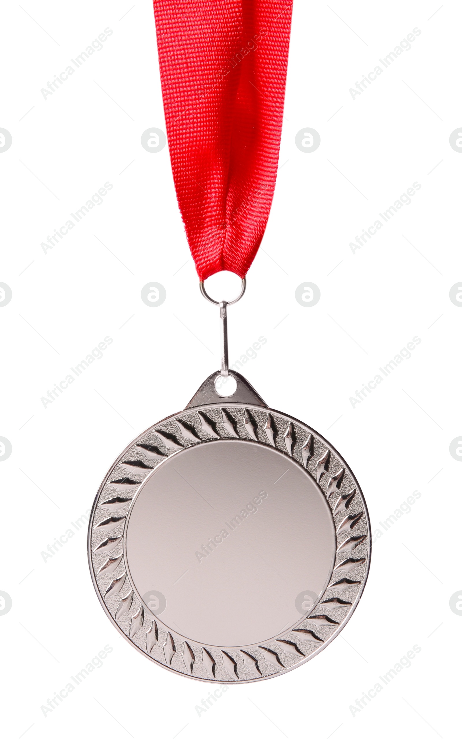 Photo of One silver medal with ribbon isolated on white