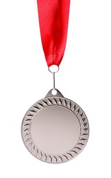 Photo of One silver medal with ribbon isolated on white