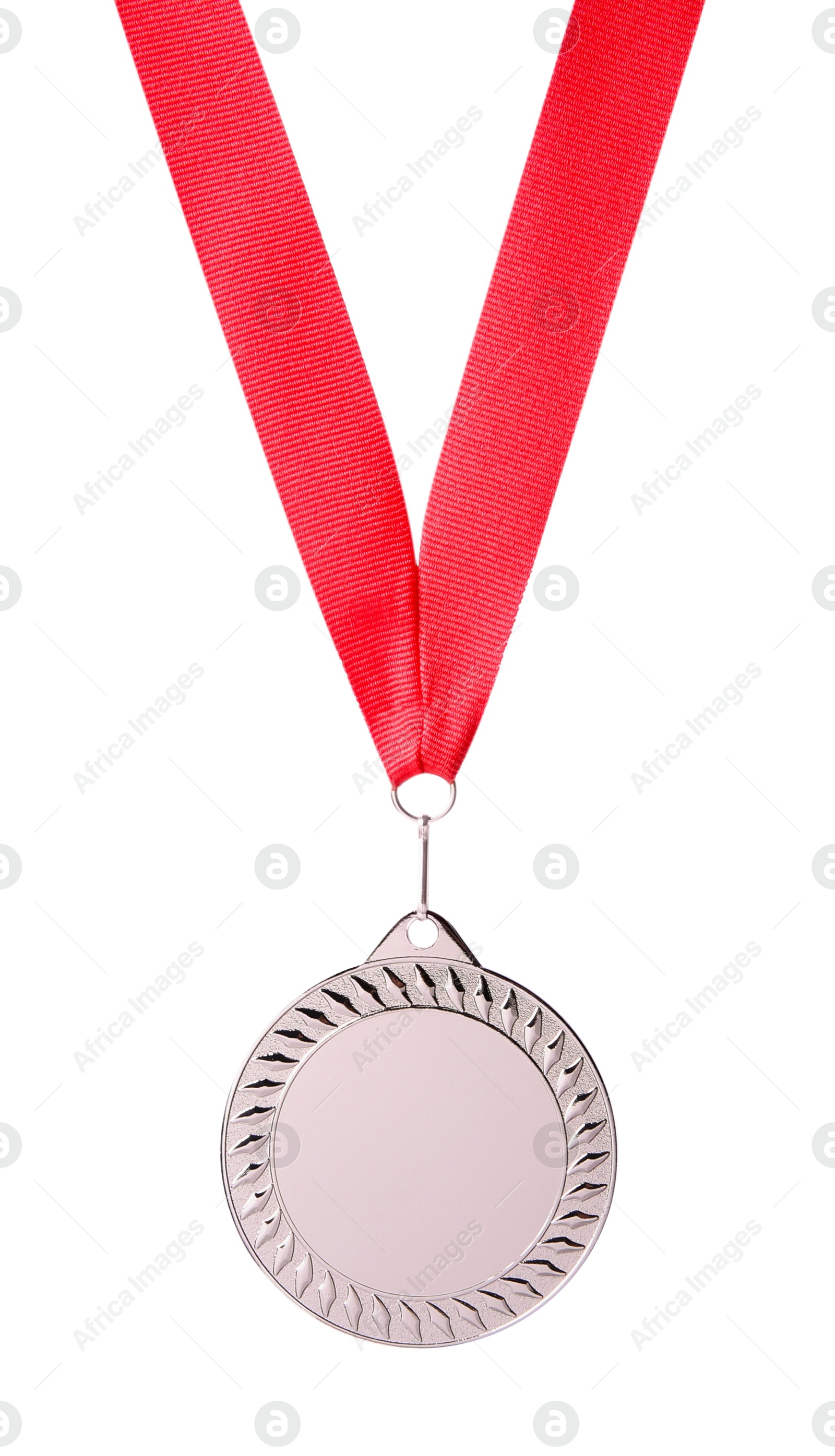 Photo of One silver medal with ribbon isolated on white