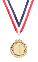 Photo of Golden medal with striped ribbon isolated on white