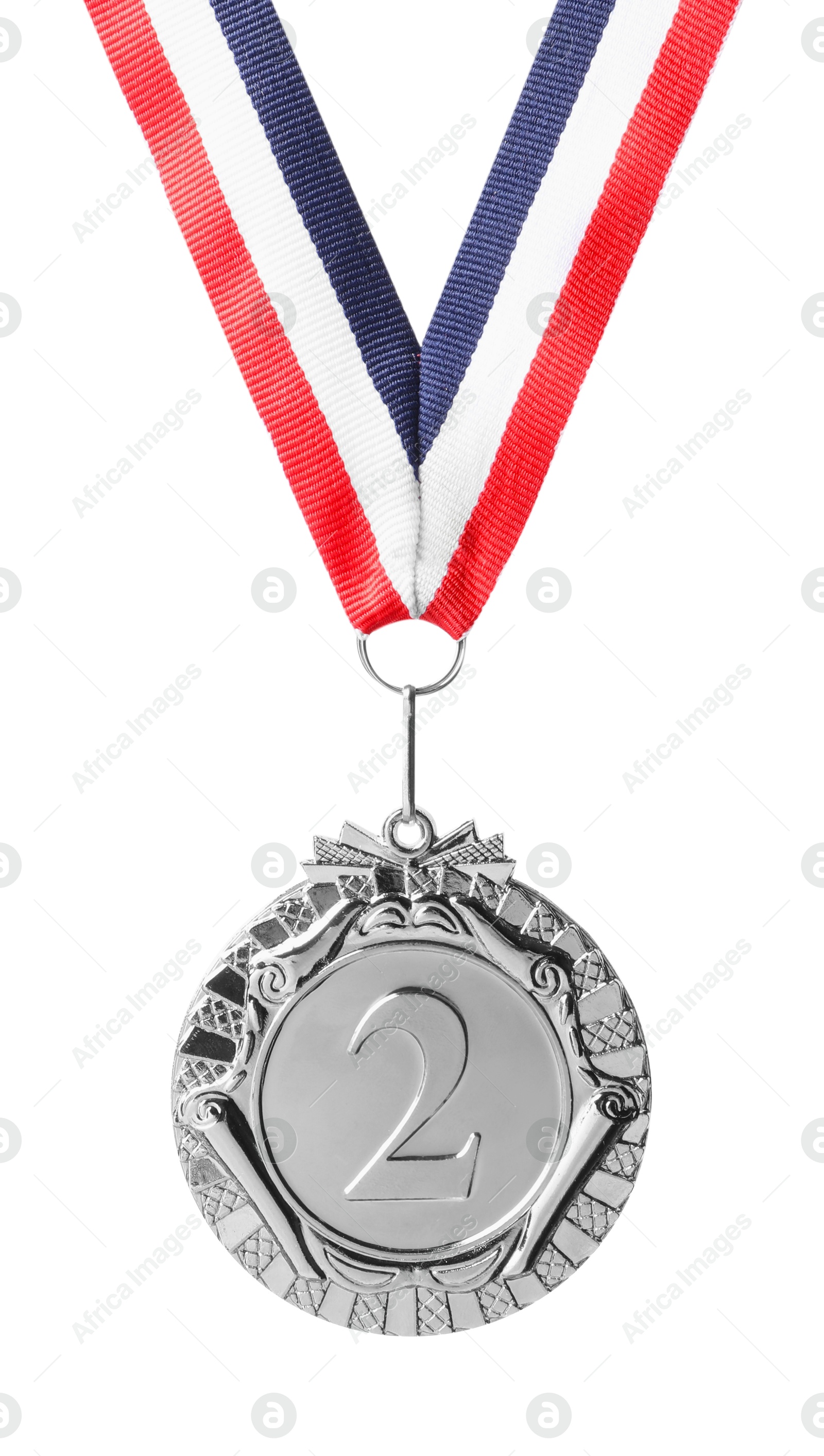 Photo of Silver medal with striped ribbon isolated on white