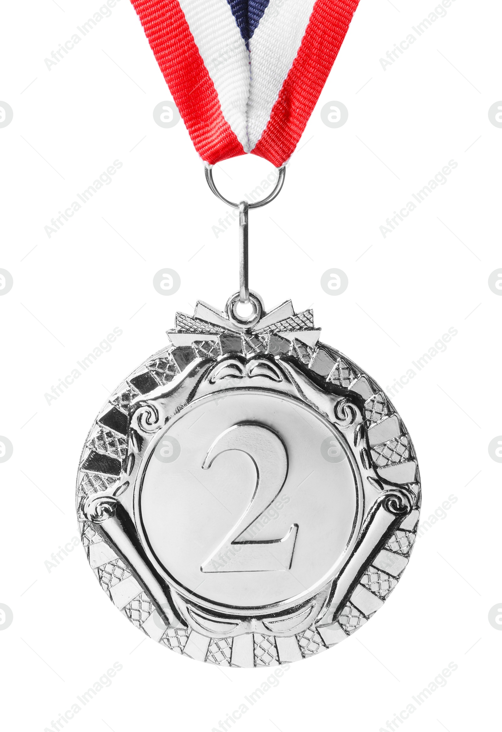 Photo of Silver medal with striped ribbon isolated on white