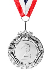 Photo of Silver medal with striped ribbon isolated on white