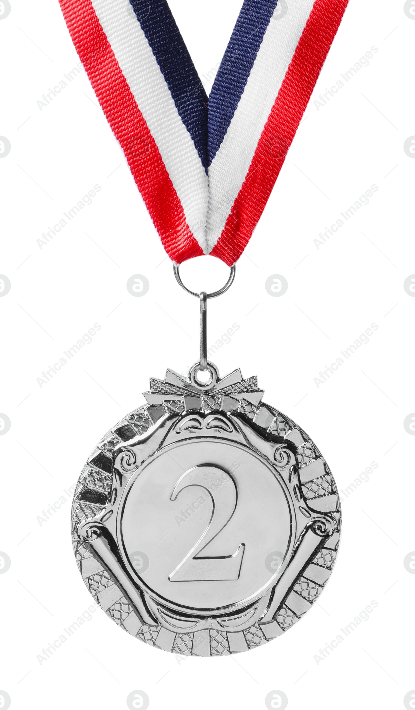 Photo of Silver medal with striped ribbon isolated on white