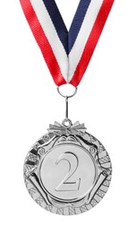 Photo of Silver medal with striped ribbon isolated on white