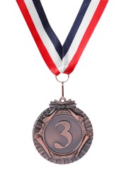 Photo of Bronze medal with striped ribbon isolated on white