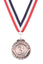 Photo of Bronze medal with striped ribbon isolated on white, top view