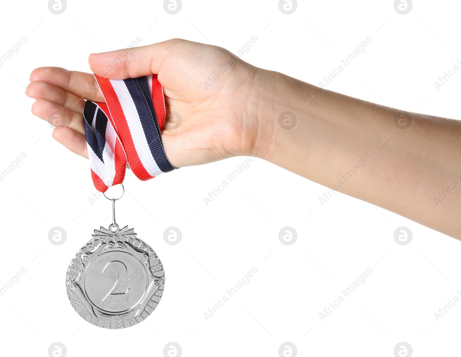 Photo of Woman with silver medal on white background, closeup