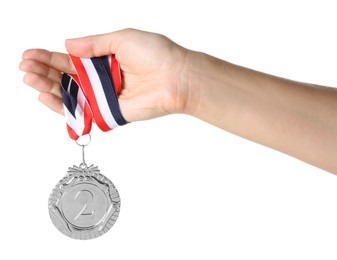 Photo of Woman with silver medal on white background, closeup