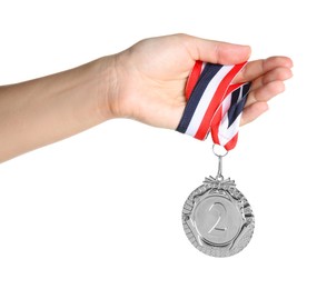 Photo of Woman with silver medal on white background, closeup