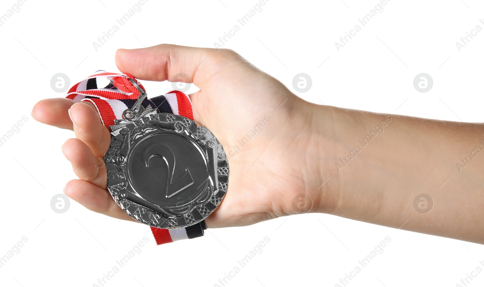 Photo of Woman with silver medal on white background, closeup