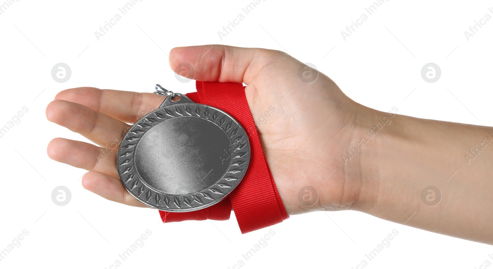 Photo of Woman with silver medal on white background, closeup