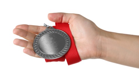 Photo of Woman with silver medal on white background, closeup