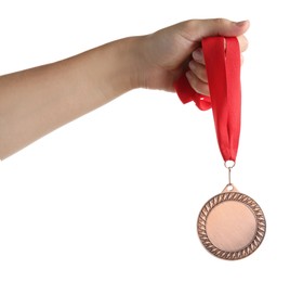 Photo of Woman with bronze medal on white background, closeup