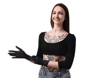 Photo of Smiling tattoo artist wearing gloves on white background