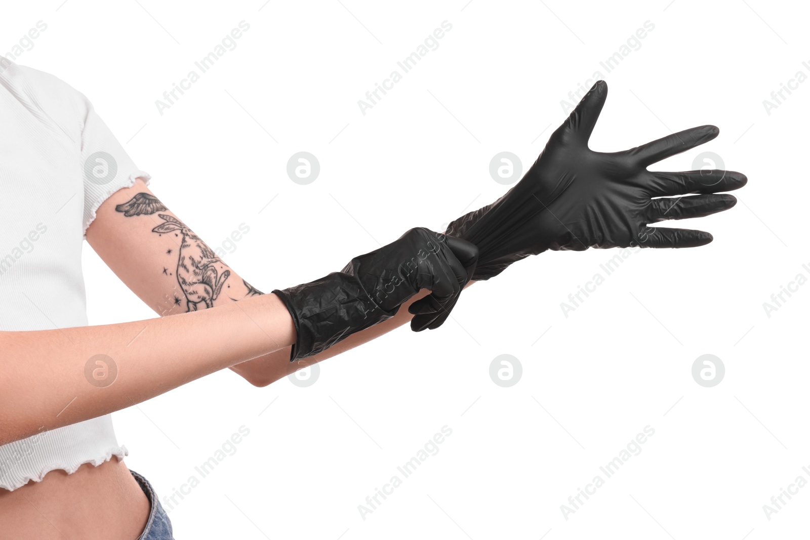 Photo of Professional tattoo artist wearing gloves on white background, closeup