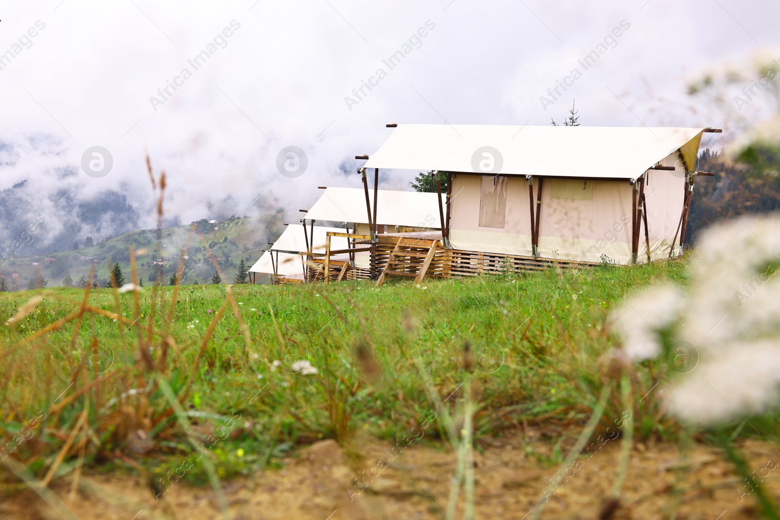 Photo of Many tents and forest covered with fog in mountains. Glamping site