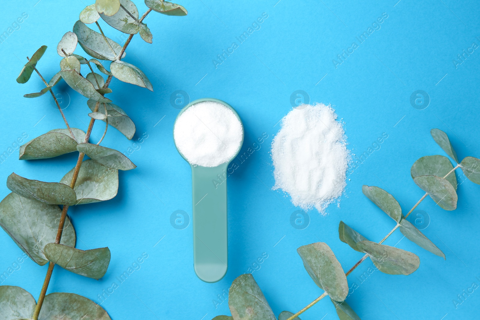 Photo of Measuring scoop with laundry powder and eucalyptus branch on blue background, flat lay