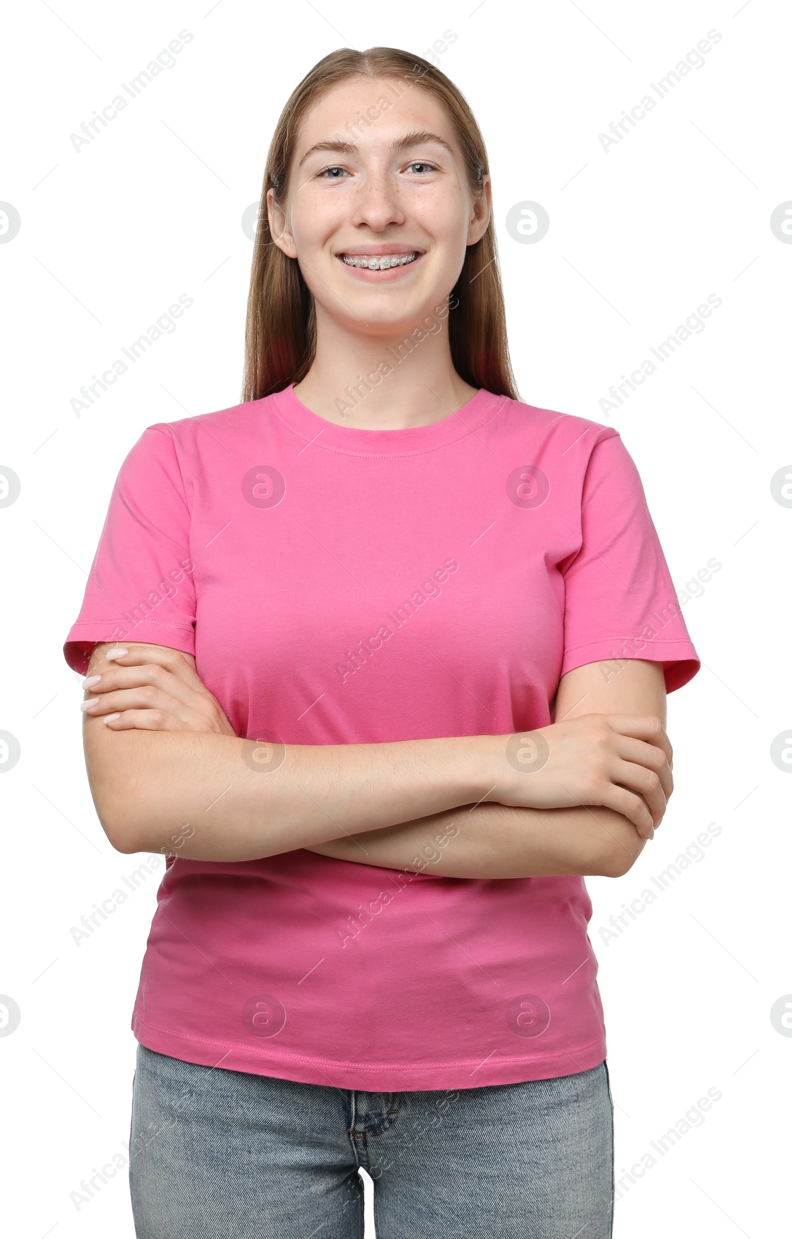 Photo of Smiling girl with braces on white background